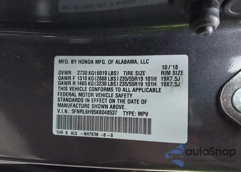 2019 Honda Odyssey Elite из США, поврежденный, VIN 5FNRL6H95KB048537